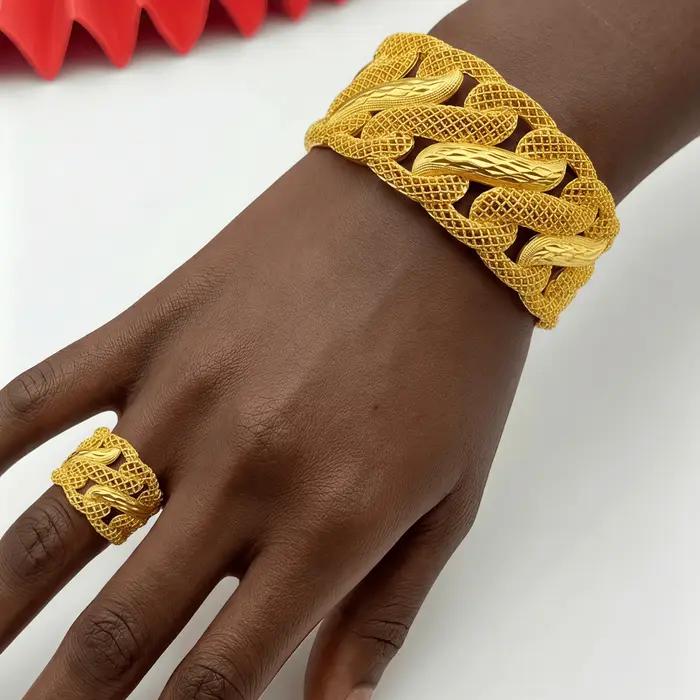 Bracelets et bagues plaqués or style éthiopien et arabe motifs floraux pour femmes occasions spéciales mariage