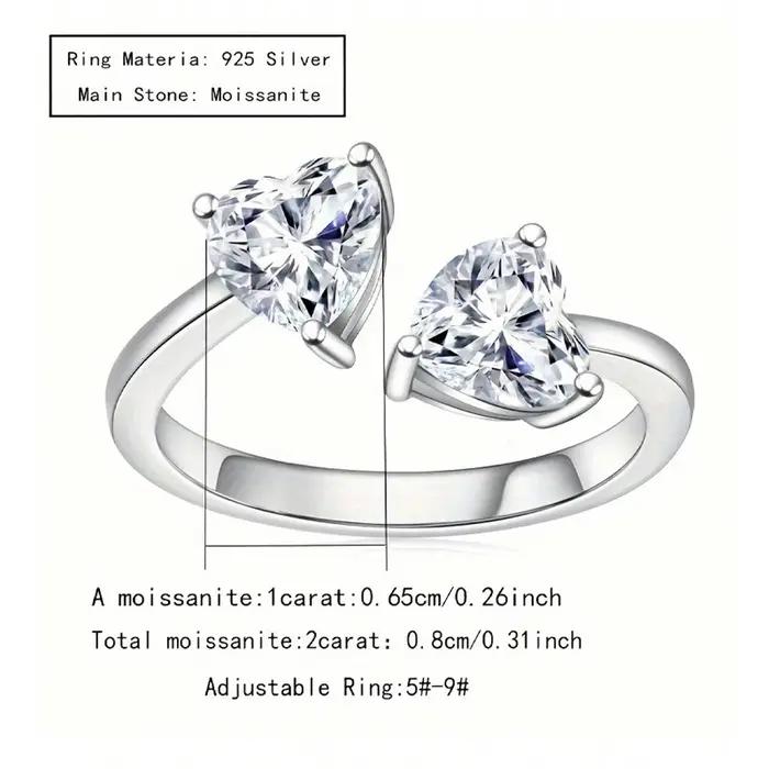 L'anneau réglable en moissanite en argent 925 en forme de cœur de 2 carats est à la mode et simple,