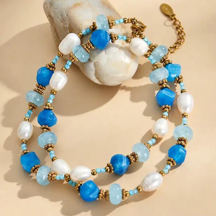 Colliers faits à la main avec perles d'eau douce, perles de pierre bleues facettées, collier pour femmes, plaqué or 18 carats, acier inoxydable