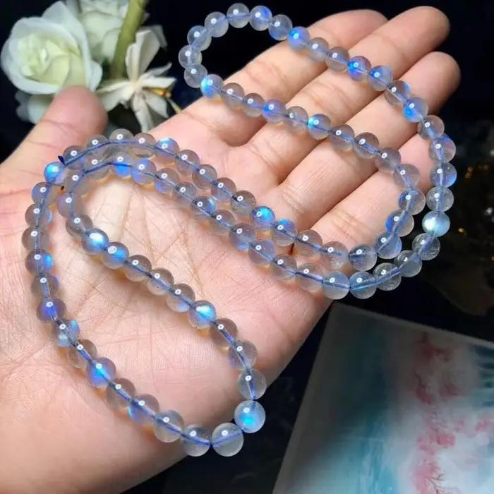 Labradorite naturelle lumière bleue 3 tours Bracelet 6mm femmes hommes clair perles rondes collier pierre de lune grise