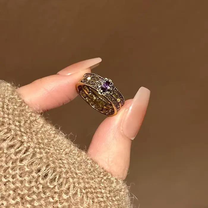 Bagues vintage en diamant violet ajouré pour femmes, noir et doré, à la mode, style hip-hop, pour banquet, bijoux fins, cadeau