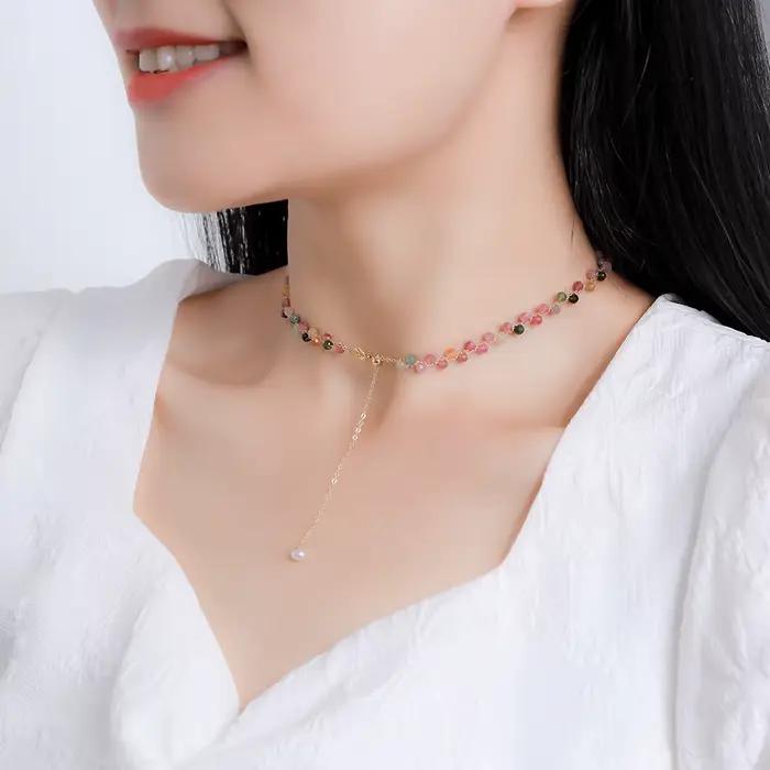 Collier en pierre naturelle Tourmaline/Fluorite/Améthyste ras du cou design de fête pour femme occasions spéciales cadeau de luxe