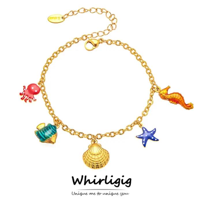 Bracelet à breloques océan pour femmes en acier inoxydable plaqué or 18 carats breloques créature marine romantique et mignon ocasionnels spéciaux