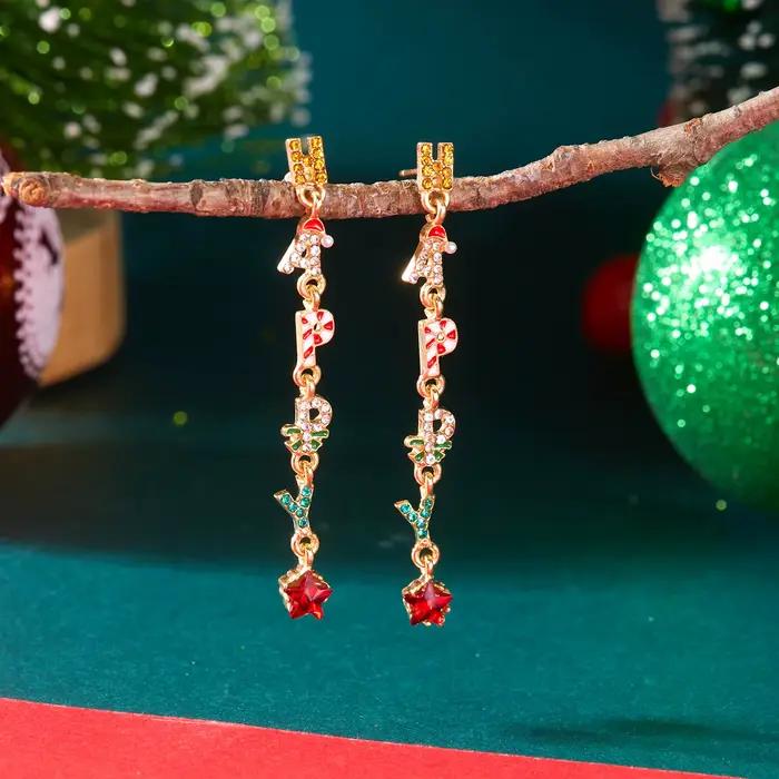 Boucles d'oreilles à pampilles «HAPPY» en cristal coloré de noël pour femmes