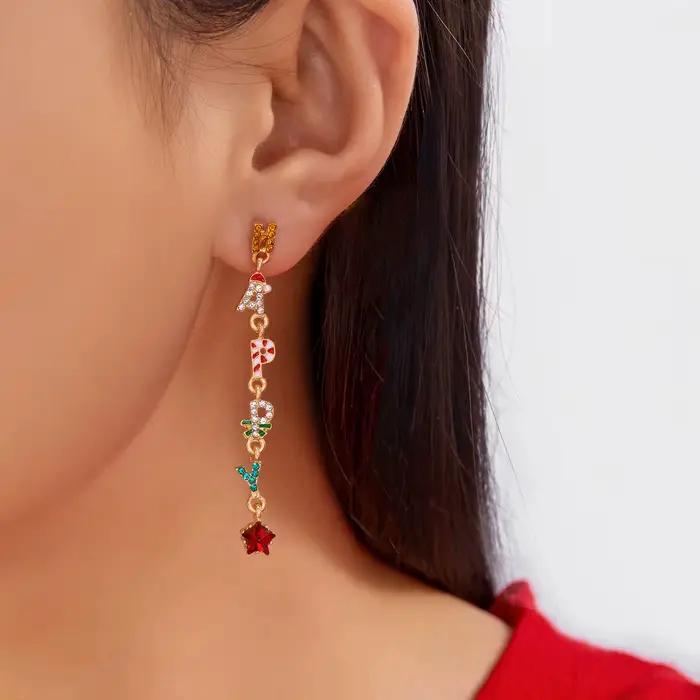 Boucles d'oreilles à pampilles «HAPPY» en cristal coloré de noël pour femmes