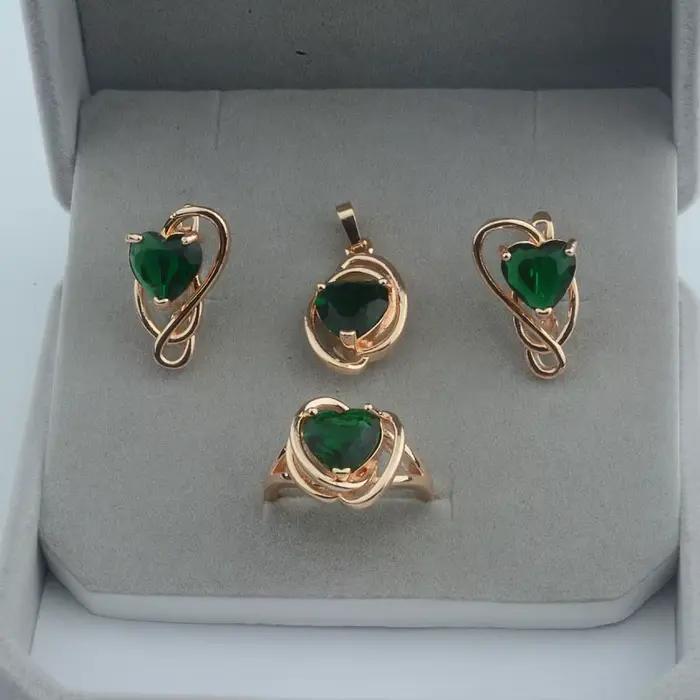 Ensemble de bijoux pour femmes, couleur or Rose, cœur bleu, Zircon cubique, pendentif et bagues, 585