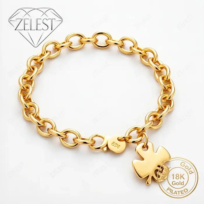 Bracelet en argent sterling 925 plaqué or 18 carats trèfle à quatre feuilles pour femme