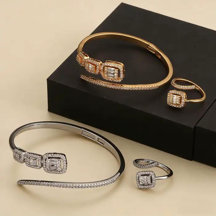 Ensemble de bracelet et bague en zircone cubique avec design or et or jaune clair pour femmes occasions spéciales