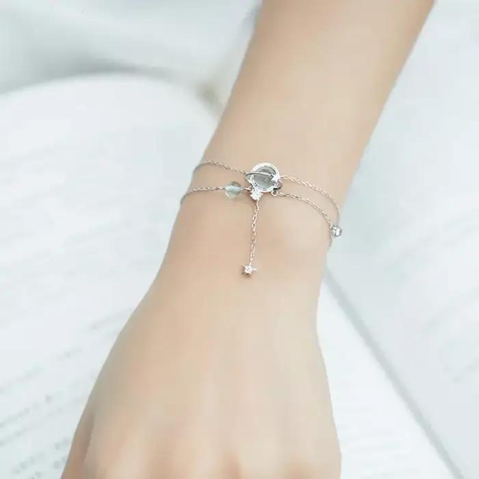 Double Bracelet en Argent Sterling 925 avec Aigue-Marine et Zirconium Blanc, Bijou Tendance Élégant pour Femmes, Idéal pour Soirées et Autres Occasions Spéciales