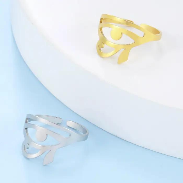 Bague Oeil d'Horus en acier inoxydable avec revêtement plaqué or pour femmes, bijou mythique, cadeau d'anniversaire, alliance symbolique pour toutes les occasions