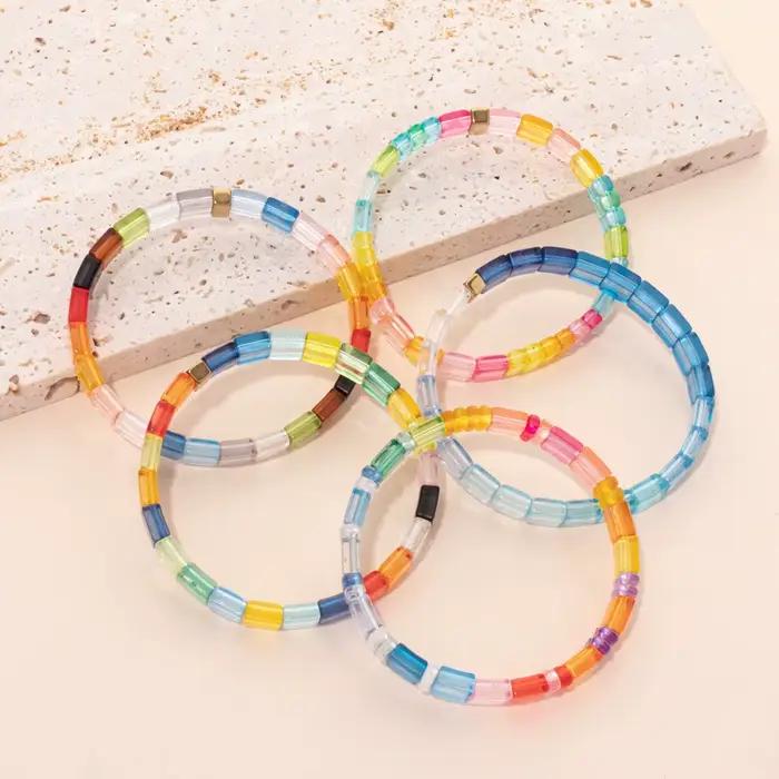 Bracelets artificiel astiques en Perles Carrées de 8mm pour Femme, Bijoux Extensibles, Style Boho, Transparents et Colorés, Nouveau Design 2023