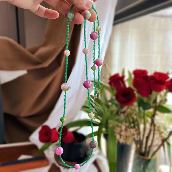 Collier Long élégant en Jade vert et pierres précieuses roses pour femmes