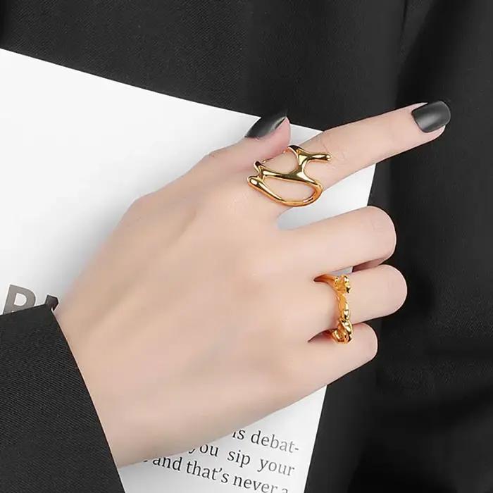 Bague ouverte plissée irrégulière Vintage couleur or pour femmes et hommes