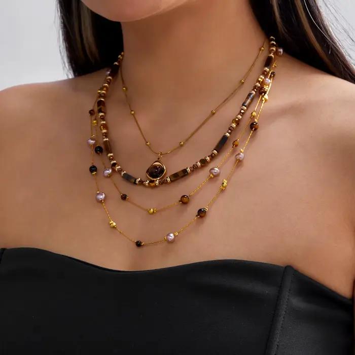 Ensemble de colliers superposés en imitation perle œil de tigre Maillard pour femmes, 3 pièces, chaîne en acier inoxydable perlée, bijoux élégants vintage, cadeau