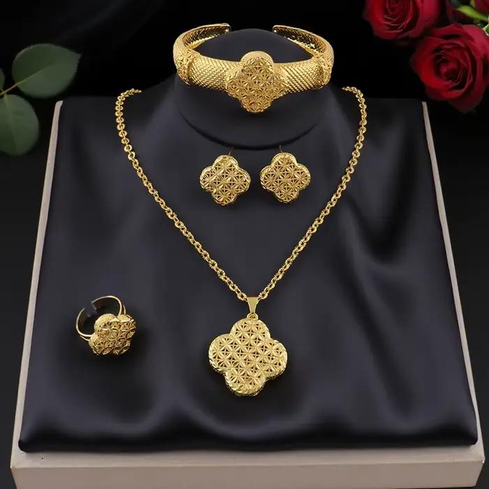 Dubaï plaqué or boucles d'oreilles collier bracelet bague ensembles pour femmes inde luxe fleur forme
