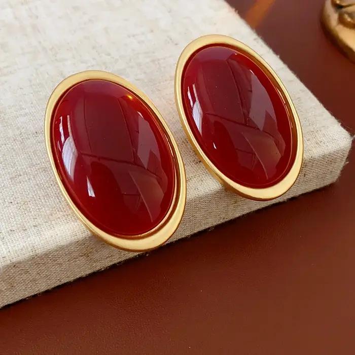 Boucles d'oreilles Vintage en résine rouge pour femmes, grandes boucles d'oreilles ovales géométriques de luxe, bijoux d'oreille de fête de mariage, vente en gros, 2025