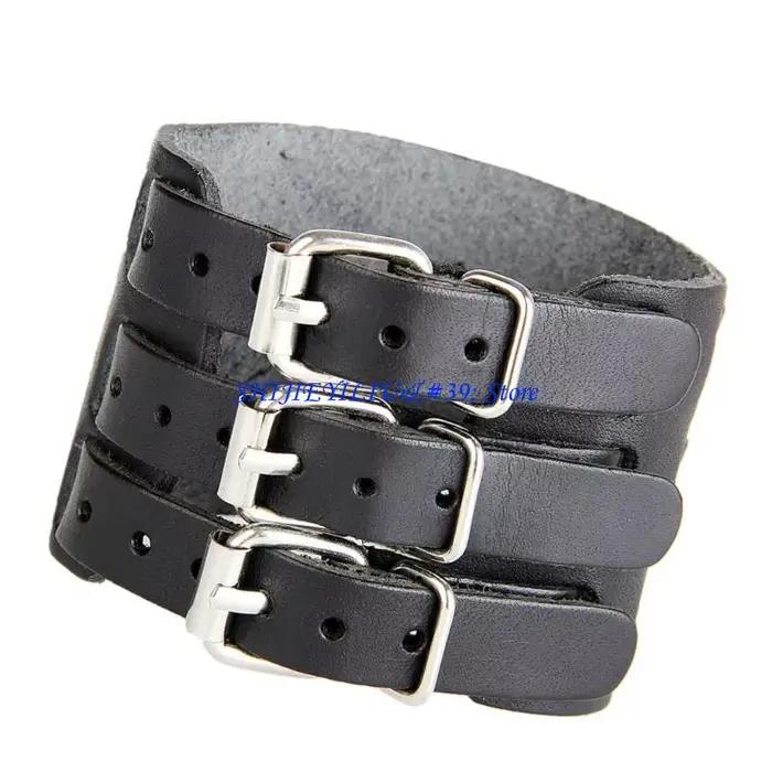 Bracelet manchette en cuir large style punk ajustable avec placage pour homme et femme