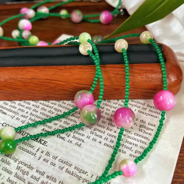Collier Long élégant en Jade vert et pierres précieuses roses pour femmes
