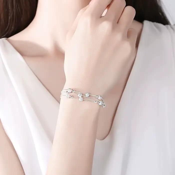 Bracelet en argent sterling 925 à perles multi-couches ajustable avec motif étoile pour femme