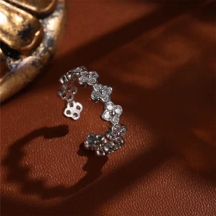 Bague ouverte en zircon plaqué or, nouveau design français, bijoux à la mode, fleur, accessoire de travail quotidien élégant pour femmes