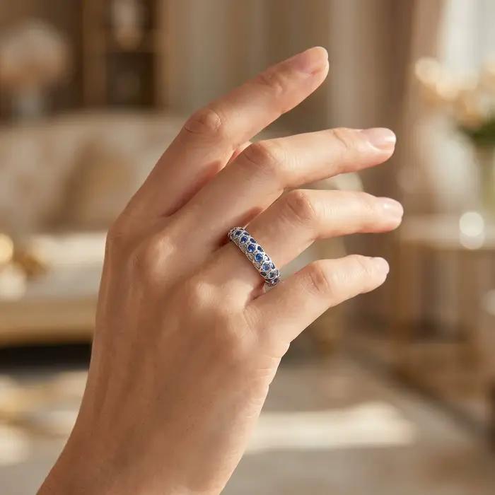 Bague éternité complète en argent sterling 925 avec saphir bleu synthétique pour femme, alliance empilable, bijou de fiançailles et de promesse