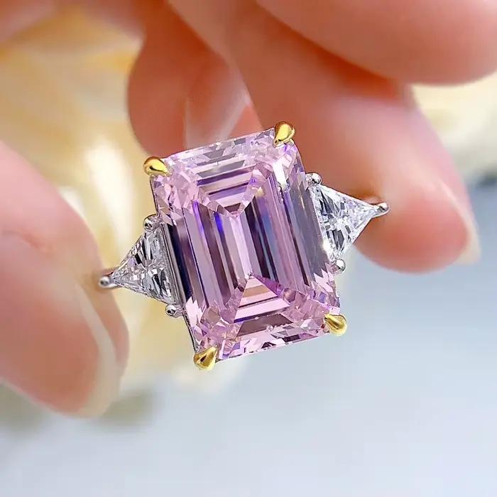 Wong Rain – bague vintage en argent sterling 100% 925, 10x14 MM, saphir de laboratoire taillé en émeraude, diamants à haute teneur en carbone, bijoux fins