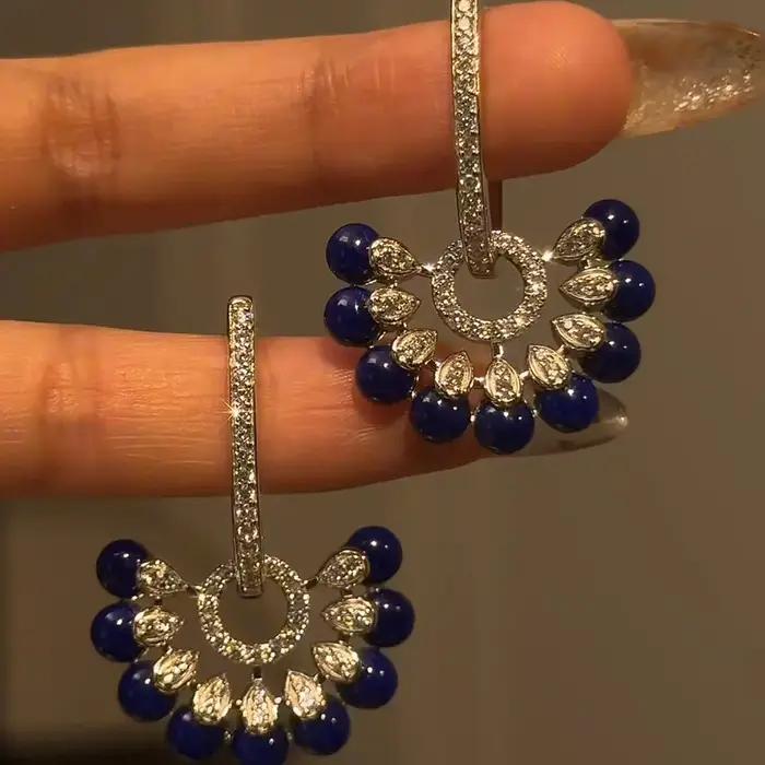 Boucles d'oreilles Vintage à pampilles en pierres précieuses bleu foncé pour femmes