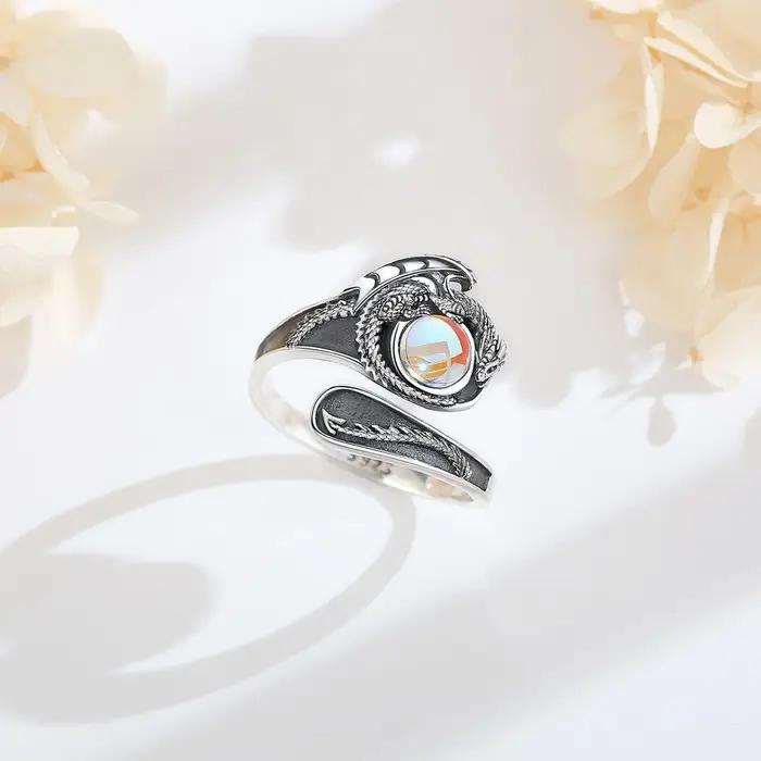 Bague ajustable en argent sterling 925 Eudora avec dragon et pierre de lune