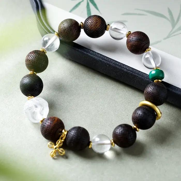 Bracelets en perles de cristal blanc naturel et d'agarwood pur, Mala traditionnel pour poignet, cadeaux pour hommes et femmes