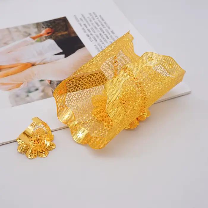 Bracelet couleur or dubaï avec bague pour femmes, grand Bracelet plaqué or 24 carats, afrique, inde, maroc, cadeau de fête de mariage