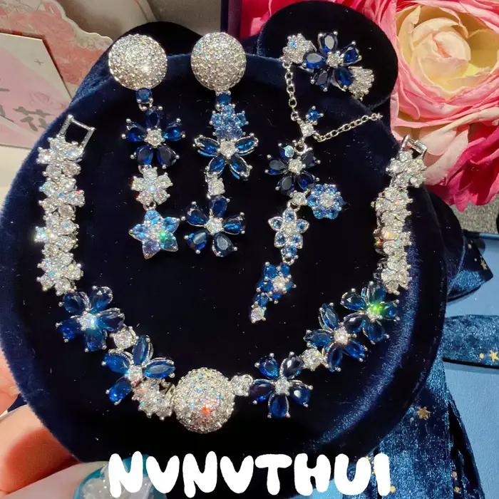Ensemble de collier et bracelet en pierres précieuses pour femmes, Vintage, fleur bleu Royal
