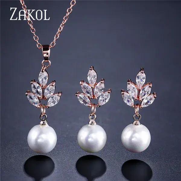 ZAKOL luxe zircone simulé perle boucles d'oreilles pendentif collier ensembles pour les femmes mode Ceystal élégant femmes bijoux de mariage