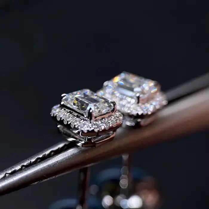 Boucles d'oreilles en diamant Moissanite taille émeraude, 100% argent sterling 925 véritable, promesse de mariage, bijoux de mariée pour femmes
