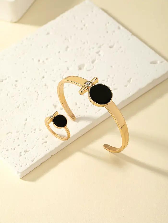 Bracelet et bague en alliage de zinc plaqué or avec motif géométrique élégant pour femme occasions spéciales
