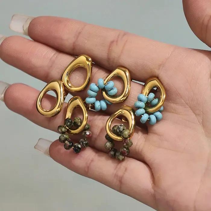 Boucles d'oreilles en perles Turquoise bleu naturel pour femmes simples plaquées or 18 carats acier inoxydable 316 bijoux féminins pour occasions spéciales