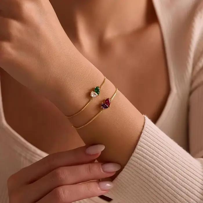 Bracelet personnalisé en acier inoxydable chaîne de boîte avec pierre géométrique tracker d'humeur pour femme