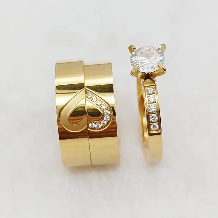 Love Alliance 3 pièces promesse de mariage bagues de fiançailles ensembles pour hommes et femmes 24k plaqué or Couple anneaux avec coeur symbole conception