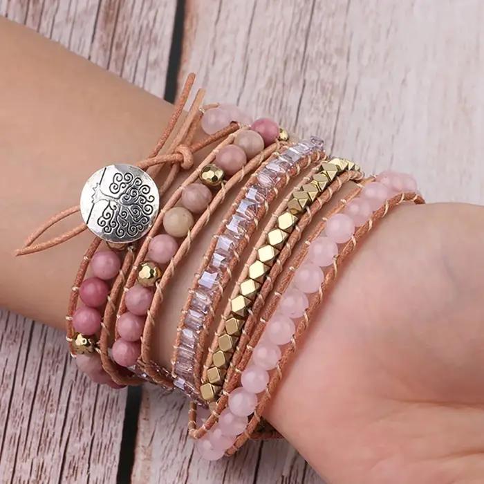 Bracelet Quartz Rose Pierre Naturelle Bohème Femme Voyage Vacances Plage Occasion Spéciale Cuir Elégant Présent Offert Fête