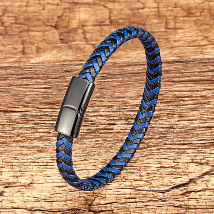 Bracelet tressé en cuir enveloppant bleu marron classique, breloque avec fermoir en acier inoxydable, Bracelet magnétique, corde, chaîne, bijoux