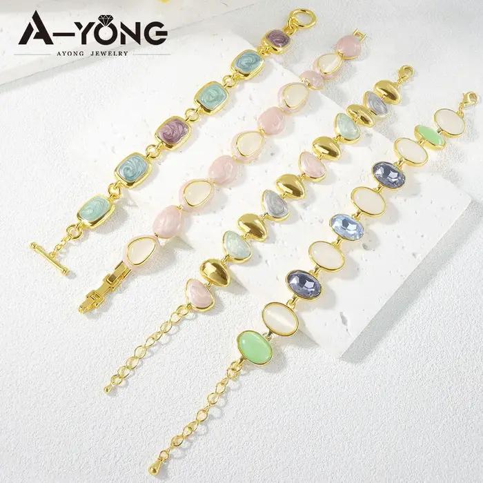 Bracelet en cristal et or 14 carats avec motifs résine colorés bohèmes pour femmes occasions spéciales soirée gala Saint Valentin
