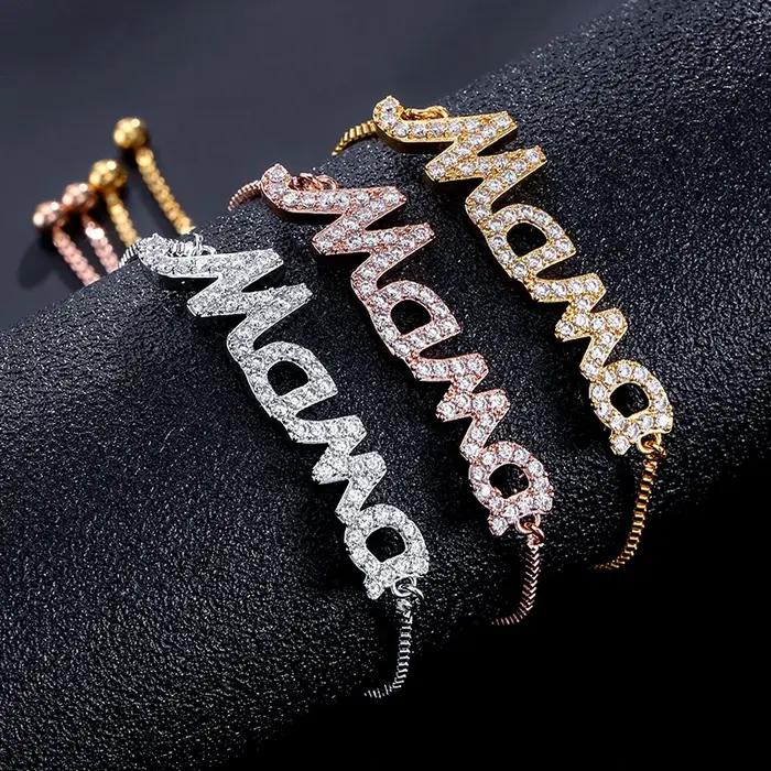 Bracelet lettre Mama avec cristaux étincelants de Rotterdam réglable pour femme cadeau d'anniversaire fête des mères bijou personnalisé colonne vertébrale