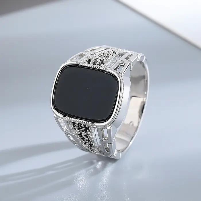 Bague en Argent Sterling 925 Sertie d'Agate Noire Élégante Cadeau de Fête pour Femmes Occasions Spéciales