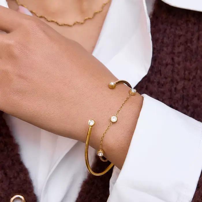 Ensemble deux bracelets de manchette en acier inoxydable 304 plaqué or jaune clair pour femme