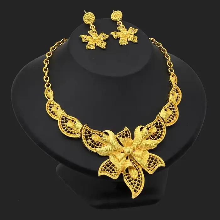 Ensemble de bijoux plaqués or pour femmes, style arabe, Dubaï, Inde, Afrique, collier et boucles d'o