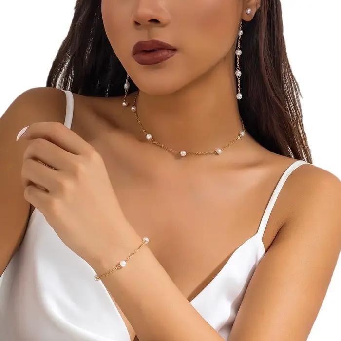 Minar – ensemble de bijoux classiques en perles d'imitation pour femmes, chaîne en laiton plaqué or véritable 14K, colliers, bracelets, boucles d'oreilles