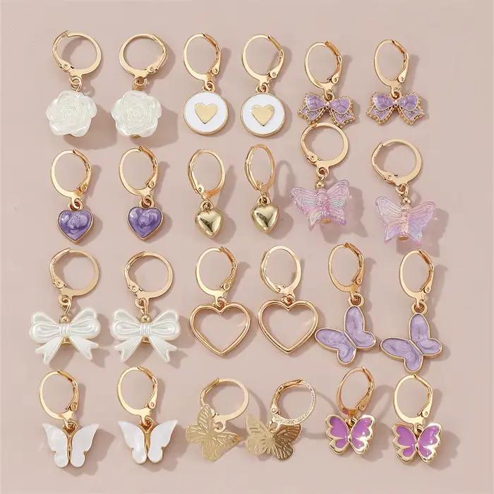 Nouvel ensemble de 24 boucles d'oreilles – Pendentifs en résine papillon, amour et fleur, bijoux d'o