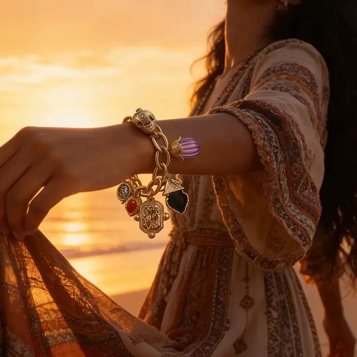 Bracelet à breloques dorées et pierres colorées à chaîne épaisse et longueur ajustable pour femme