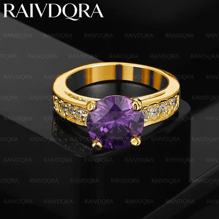 Bague ronde en zircon violet plaqué or 18 carats pour femmes