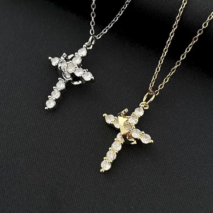 Collier avec pendentif couronne et croix rotative en or Rose pour femmes