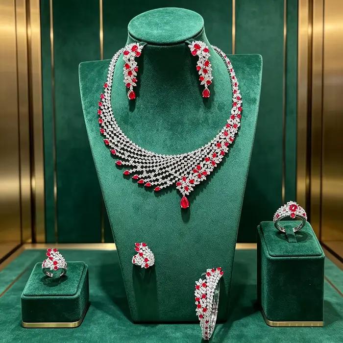 GODKI Nouveaux ensembles de bijoux africains et indiens rouges pour femmes, parure de bijoux en zircon cubique en forme de goutte d'eau, accessoire de fête et de fiançailles de Dubaï et d'Arabie Saoud